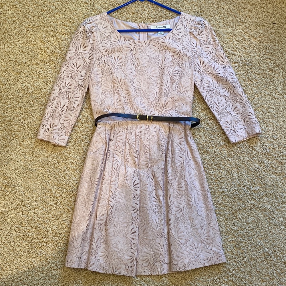Pink lace dress with brown belt. Forever 21